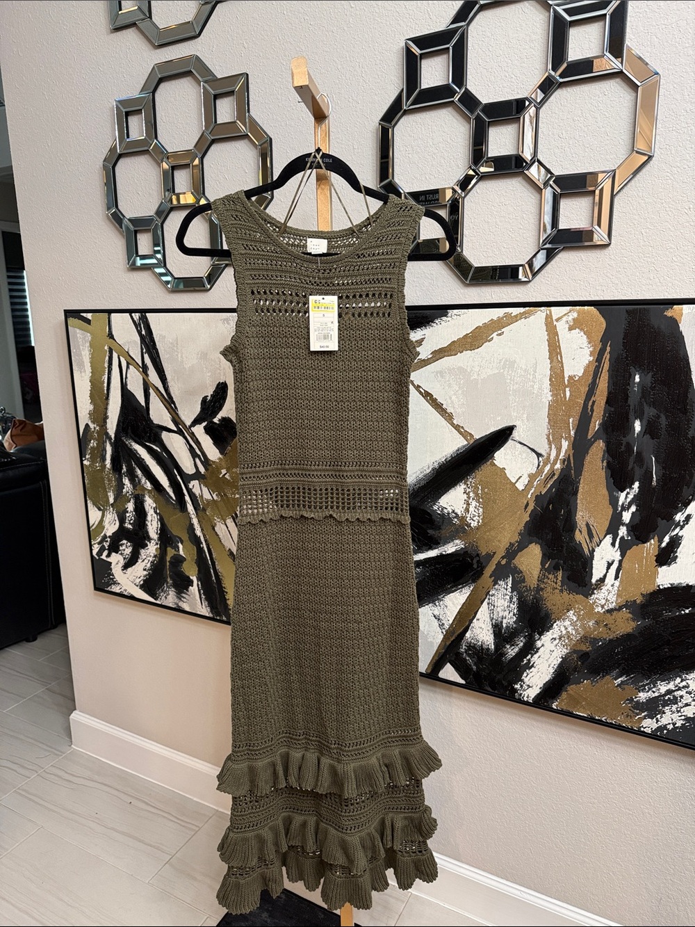 a new day Olive Green Crochet Maxi Dress with Ruffle Hem